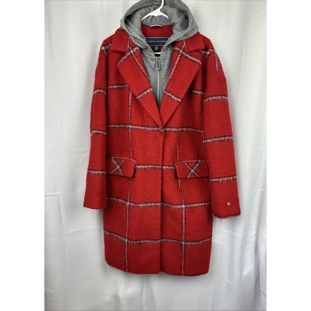 Tommy Hilfiger Women's Red Plaid Coat Wool Jacket Hooded Long Preppy Size Large